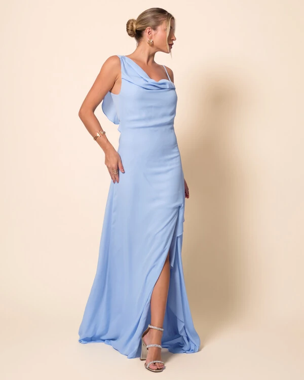 Vestido de Festa Longo Crepe Chiffon Degagê com Fenda e Babado Cascata Serenity