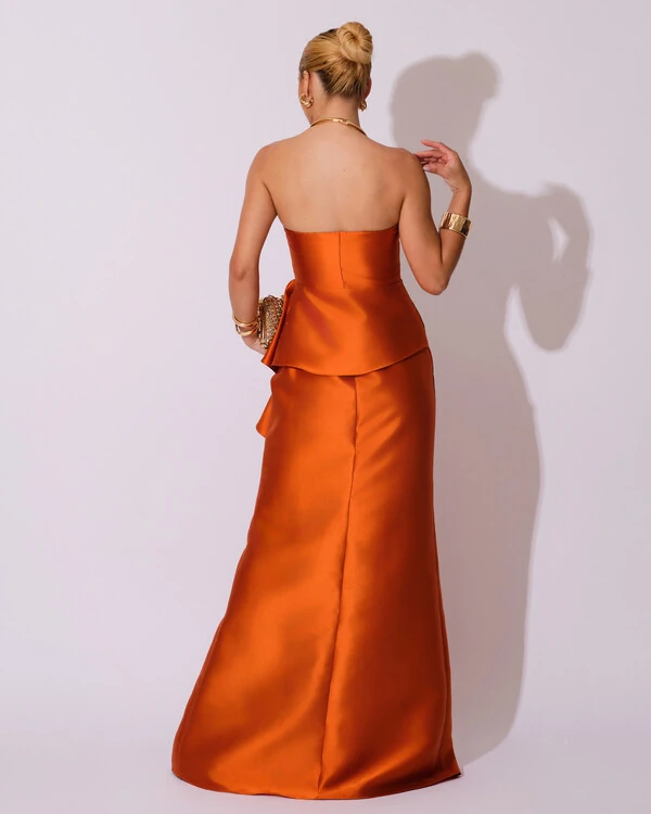 Vestido de Festa Longo Tomara que Caia Babado Cascata Terracota