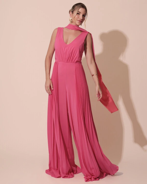 Macacão de Festa Longo Crepe Pantalona Plissado e Lenço Pink New