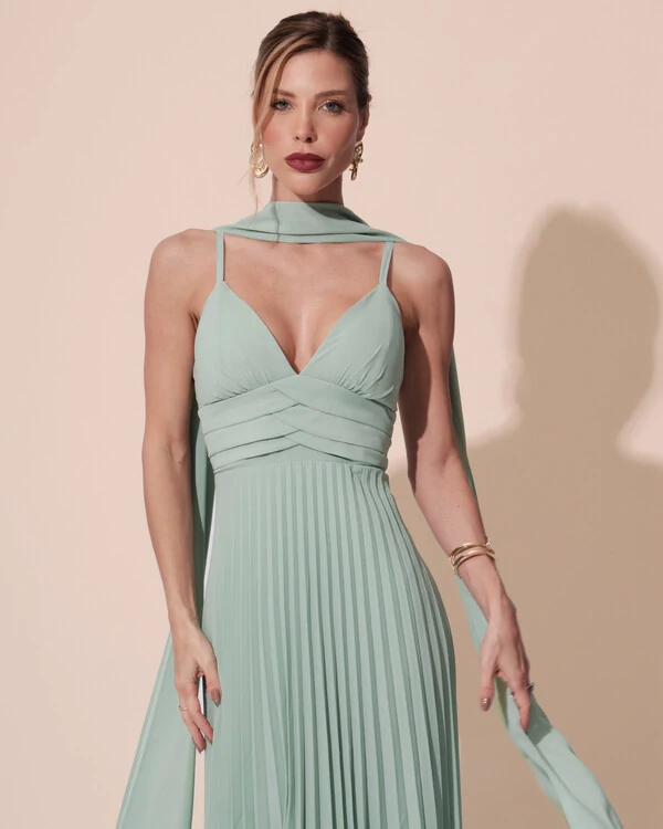Vestido de Festa Longo Plissado Crepe Chiffon com Alça e Lenço Menta