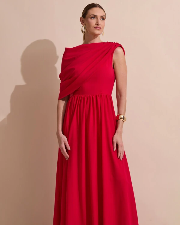 Vestido de Festa Longo Um Ombro Só Crepe Chiffon Capa Drapeado Vermelho