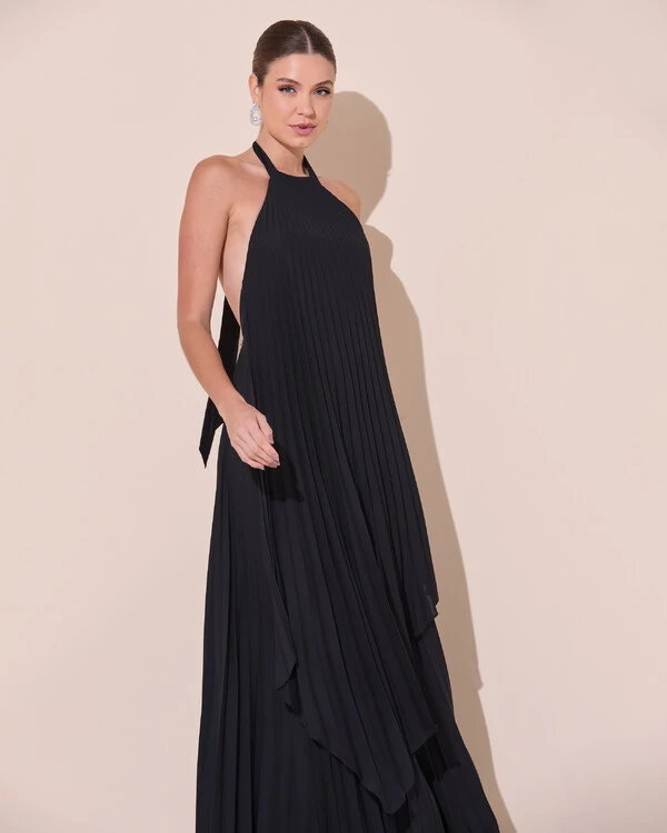 Vestidos de Festa Longo Chiffon Fluido Frente Única Plissado Duplo Preto