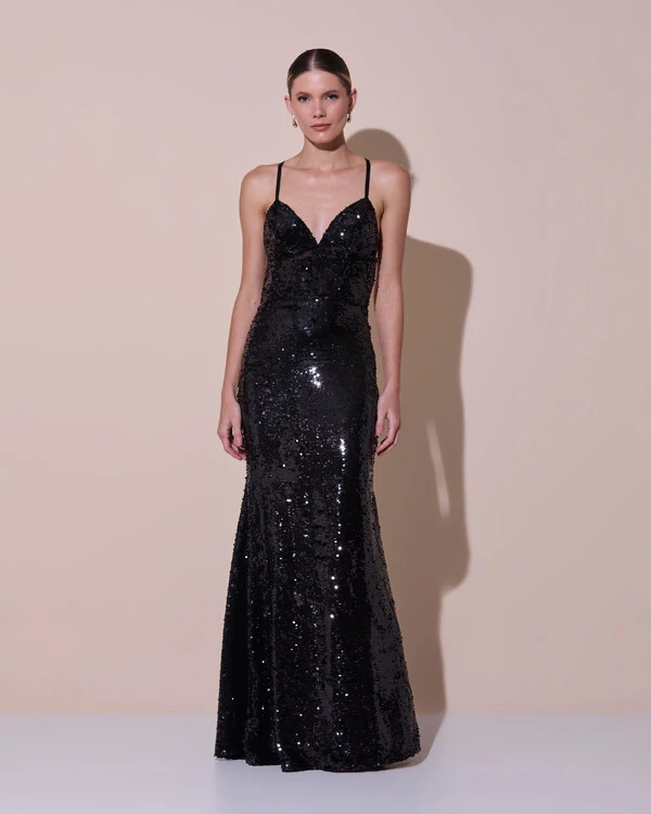 Vestido de Festa Longo Decote V Paetê Alças Finas Saia Sereia Preto