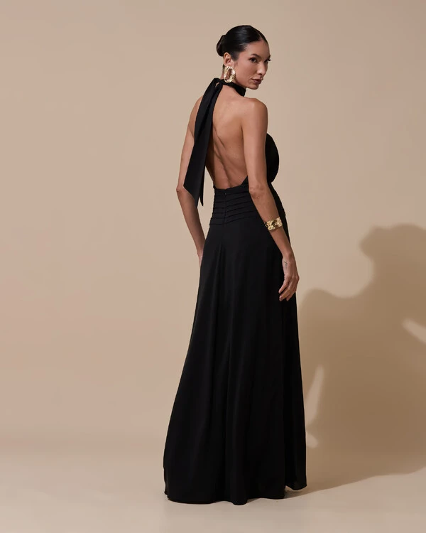 Vestido de Festa Longo Frente Única Busto Blousê Crepe Chiffon Drapeado Preto