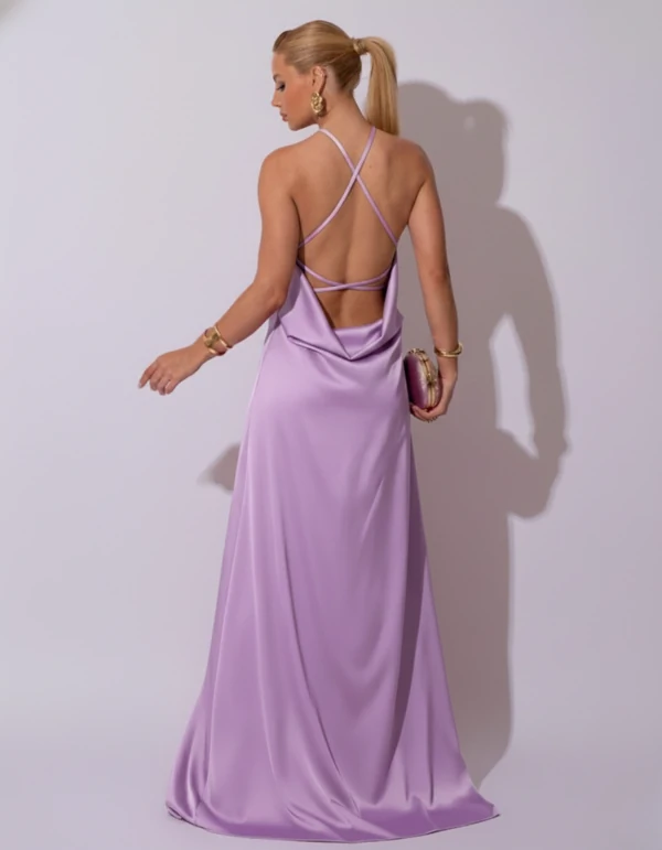 Vestido Longo de Cetim com Decote Triangular e Amarração nas Costas Degagê Lilás