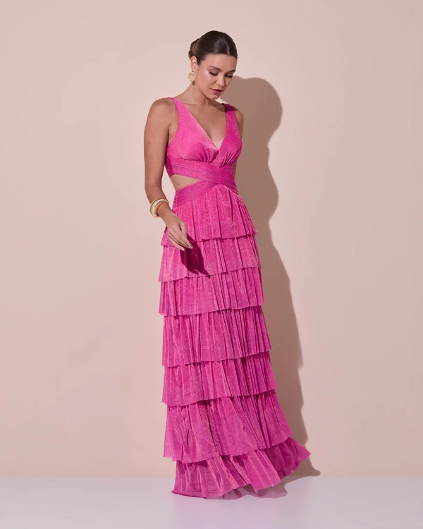 Vestido De Festa Longo Decote V Tule Brilho Recortes Camadas Pink