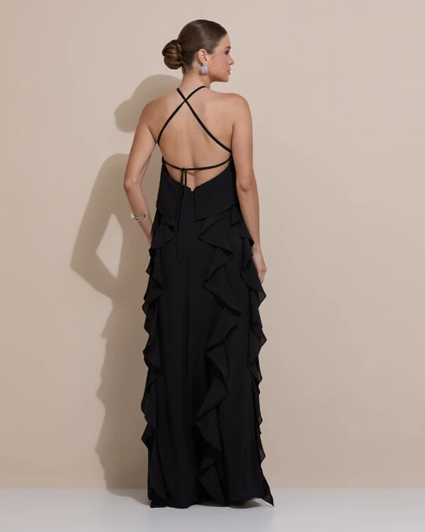 Vestido de Festa Longo Crepe Chiffon Frente Única Babados Cascata e Flor Preto