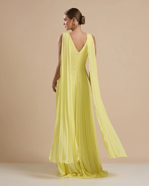 Vestido de Festa Longo Crepe Chiffon Plissado com Lenço nas Alças Amarelo Manteiga