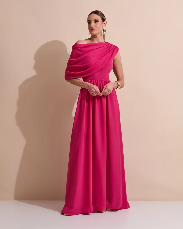 Vestido de Festa Longo Um Ombro Só Crepe Chiffon Capa Drapeado Pink Escuro