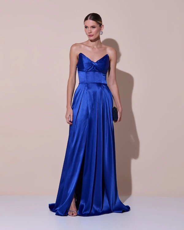 Vestido de Festa Longo Tomara que Caia Cetim Decote Coração Fenda Azul Royal