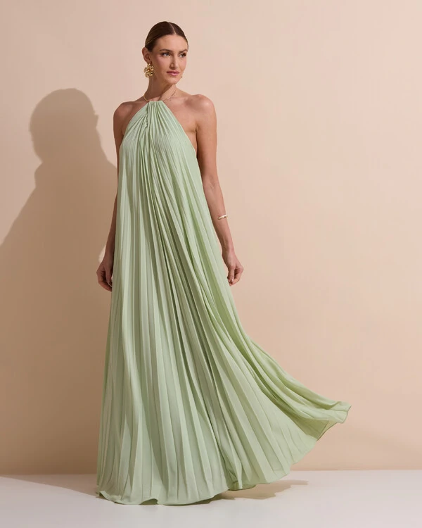 Vestido de Festa Longo Frente Única Plissado Crepe Chiffon Argola Verde Menta New