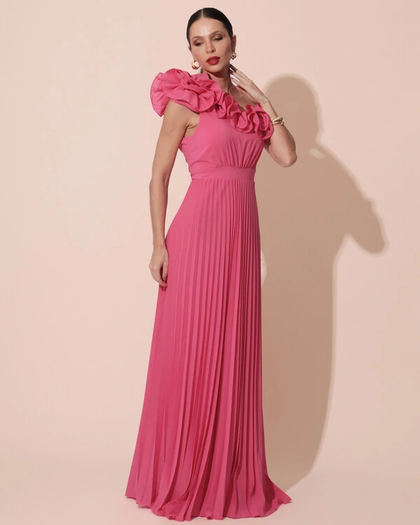Vestido de Festa um Ombro Só Flor Saia Plissado Pink New