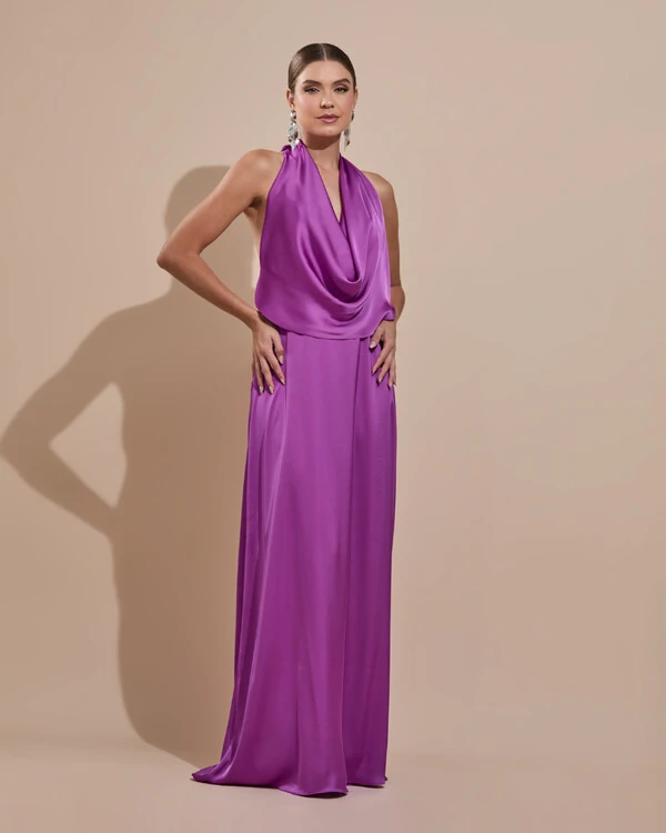 Vestido de Festa Longo Cetim Fluido Frente Única Degagê Mil Formas Fúcsia