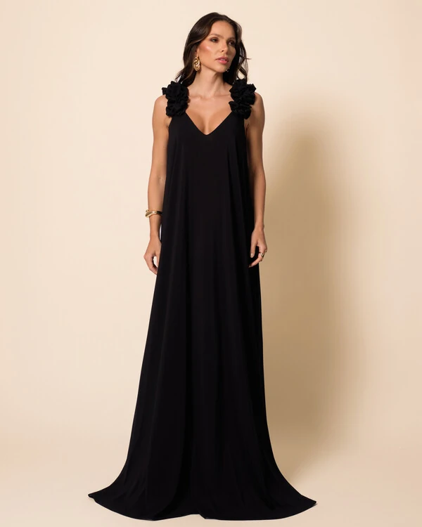 Vestido de Festa Longo Crepe Chiffon Fluido Decote em V Flores Preto