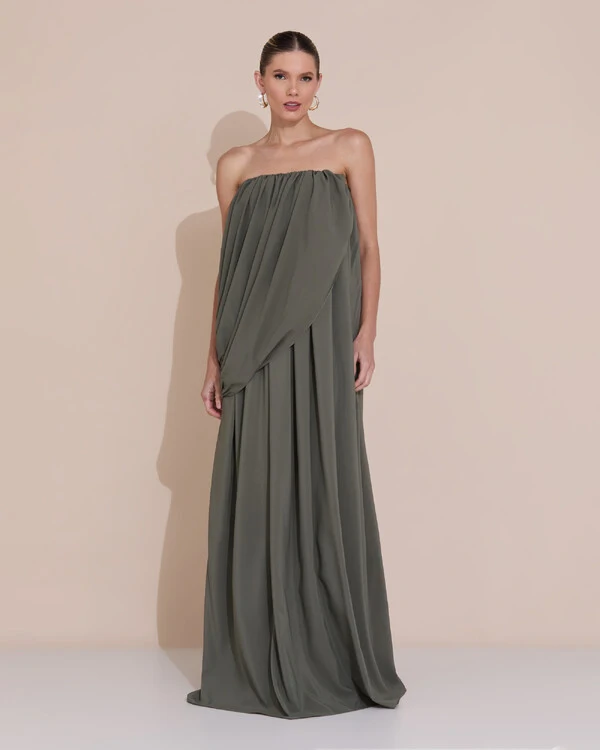 Vestido de Festa Longo Tomara Que Caia Crepe Chiffon Drapeado Verde Oliva