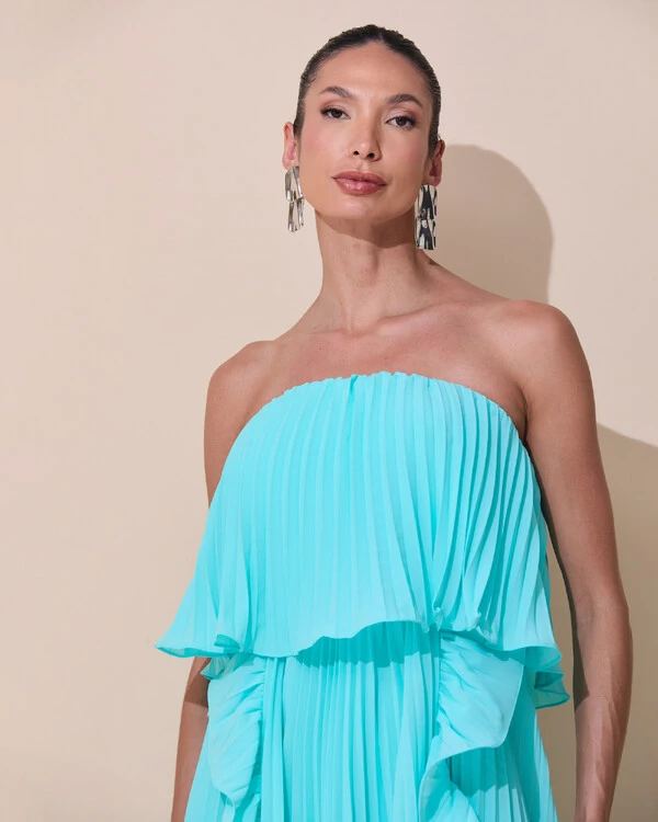 Vestido de Festa Longo Crepe Chiffon Tomara que Caia Plissado com Babado Cascata Tiffany