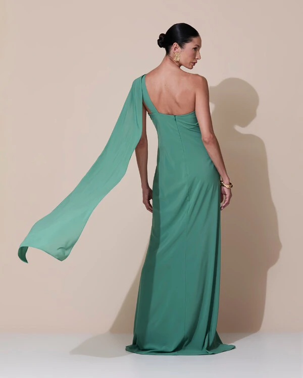 Vestido de Festa Longo Crepe Chiffon Um Ombro Só Drapeado Verde Matcha Escuro