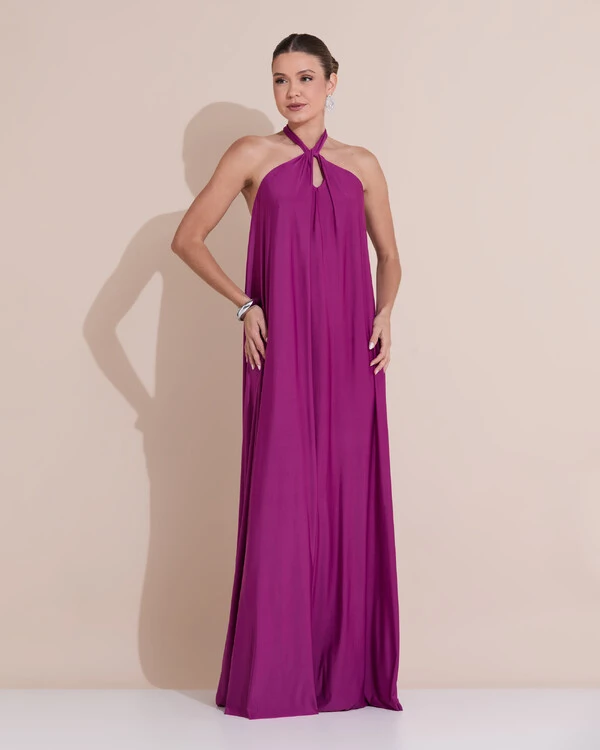 Vestido Longo com Amarração em Malha Fúcsia