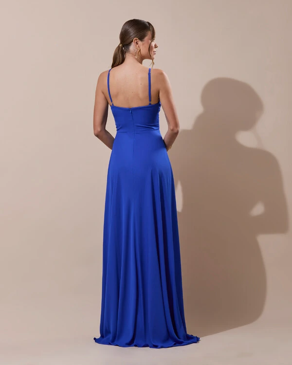 Vestido de Festa Longo Crepe Chiffon Drapeado com Alças e Saia Fluida Azul Royal