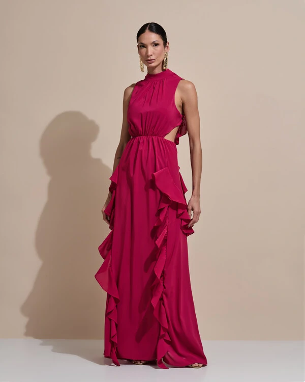 Vestido de Festa Longo Gola Alta Crepe Chiffon Recortes Babados Cascata Cereja