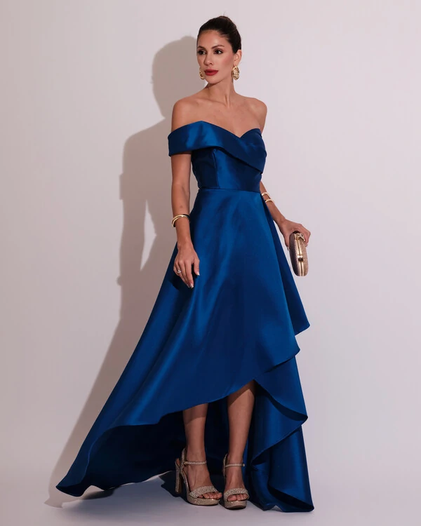 Vestido de Festa Longo Zibeline um Ombro Só Mullet Azul Royal