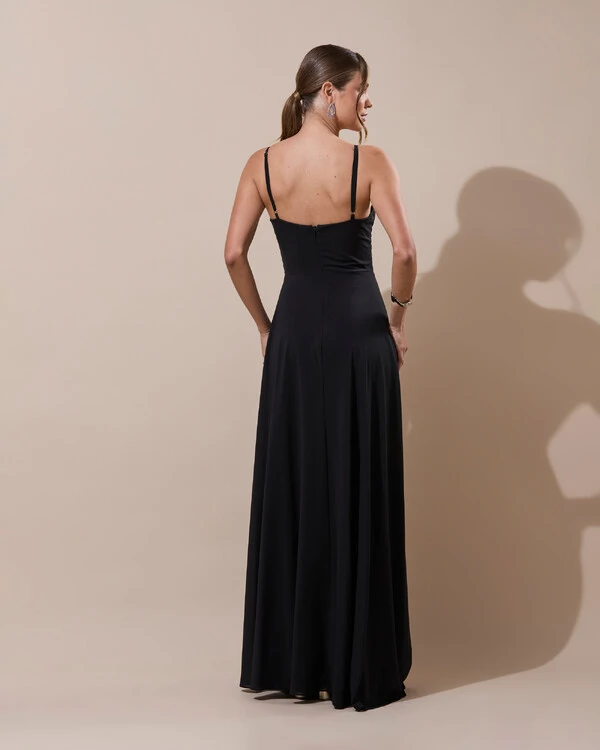 Vestido de Festa Longo Crepe Chiffon Drapeado com Alças e Saia Fluida Preto