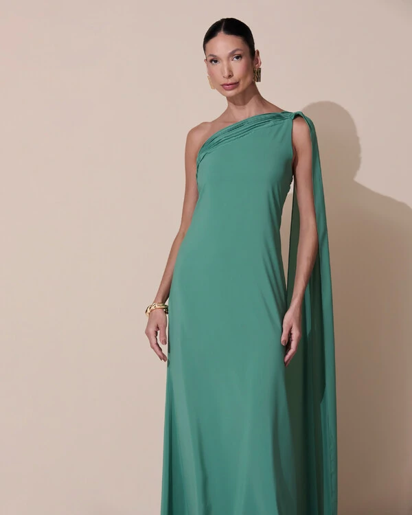 Vestido de Festa Longo Crepe Chiffon Um Ombro Só Drapeado Verde Matcha Escuro