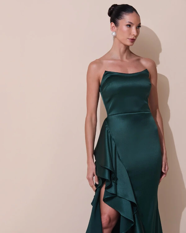 Vestido de Festa Longo Tomara que Caia Cetim Babado Fenda Verde Escuro