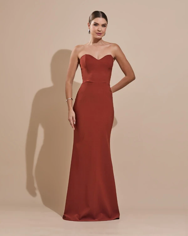 Vestido de Festa Longo Alfaiataria Tomara que Caia Saia Sereia com Lenço Terracota