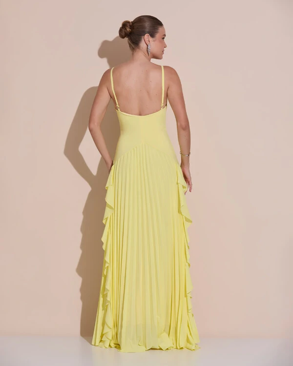 Vestido de Festa Longo Crepe Chiffon Alça Fina Saia Plissada com Babado Cascata Amarelo Manteiga