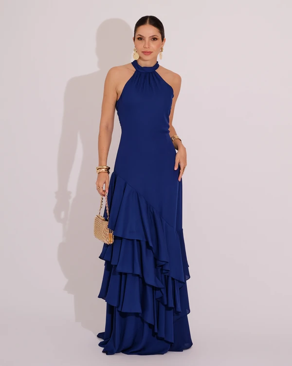 Vestido de Festa Longo Decote Halter com Babados Azul Marinho