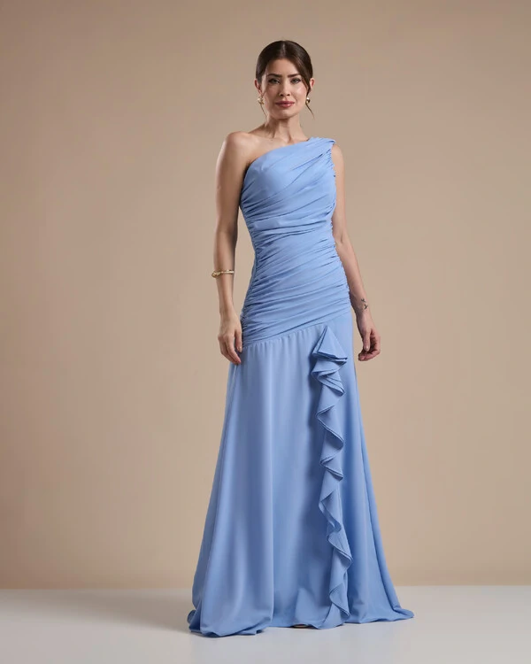 Vestido de Festa Longo Crepe Chiffon Um Ombro Só Drapeado com Babado Cascata Serenity
