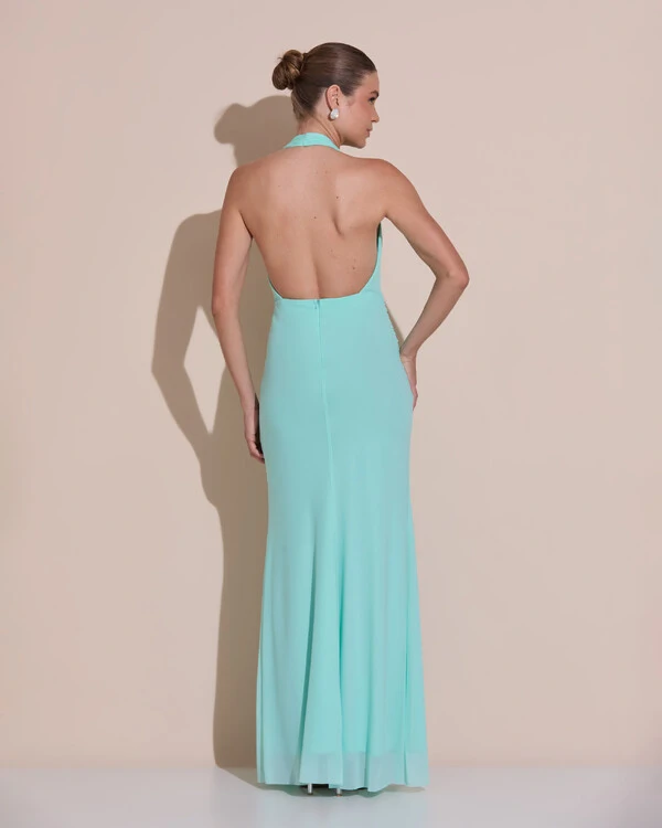 Vestido de Festa Longo Frente Única Decote V Tule Drapeado Faixa Tiffany
