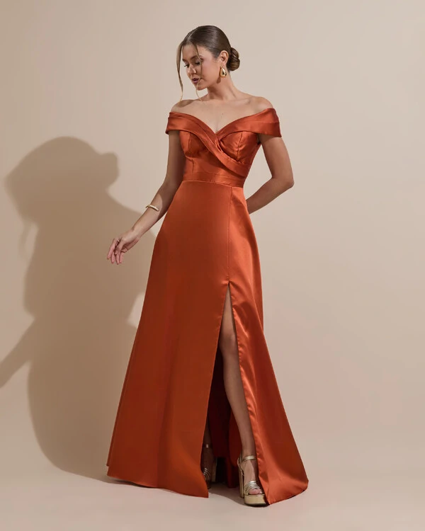 Vestido de Festa Longo Zibeline Ombro a Ombro com Fenda Terracota