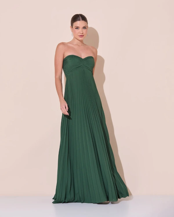 Vestido de Festa Longo Tomara que Caia Plissado com Lenço Verde Escuro New
