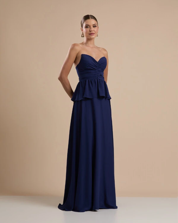 Vestido de Festa Longo Crepe Chiffon Tomara que Caia Peplum Drapeado Azul Marinho