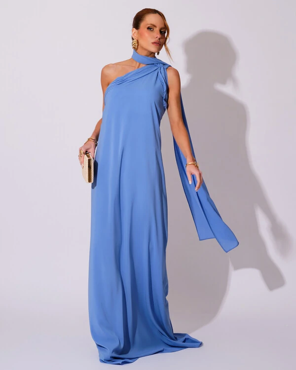 Vestido de Festa Longo Crepe Chiffon Um Ombro Só Drapeado Azul Atlantis