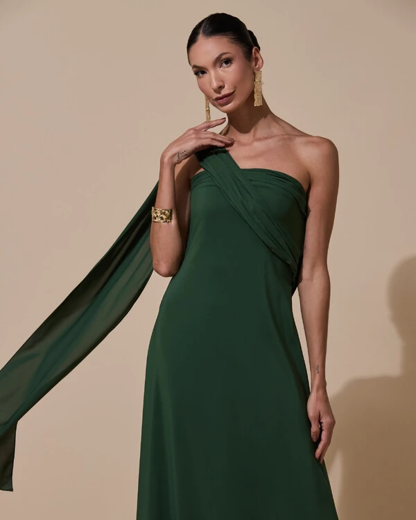 Vestido de festa Longo Tomara que Caia Crepe Chiffon Drapeado Lenço Verde Militar