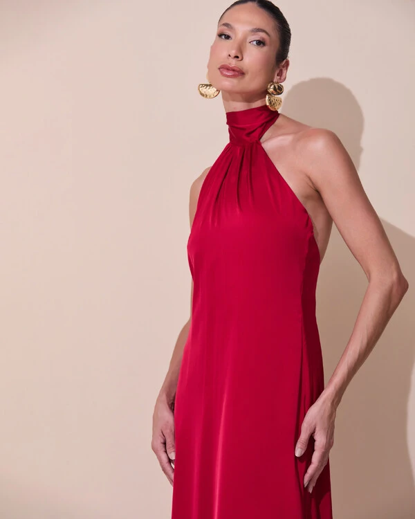 Vestido de Festa Gola Alta com Decote nas Costas Acetinado Marsala