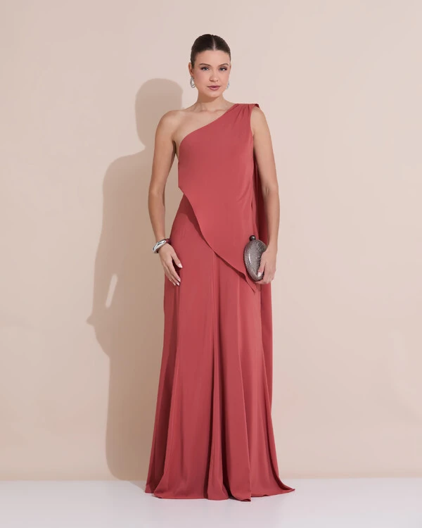 Vestido de Festa Longo Um Ombro Só Crepe Chiffon Lenço Terracota