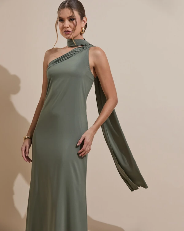 Vestido de Festa Longo Crepe Chiffon Um Ombro Só Drapeado Verde Oliva