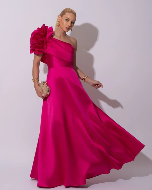 Vestido de Festa Longo Zibeline um Ombro Só Flor Drapeado Pink