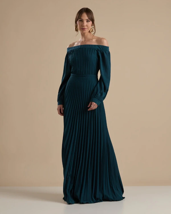 Vestido de Festa Longo Crepe Chiffon Plissado Ombro a Ombro Verde Escuro