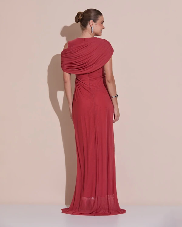 Vestido de Festa Longo Capa Drapeado Tule Saia Fluida Terracota