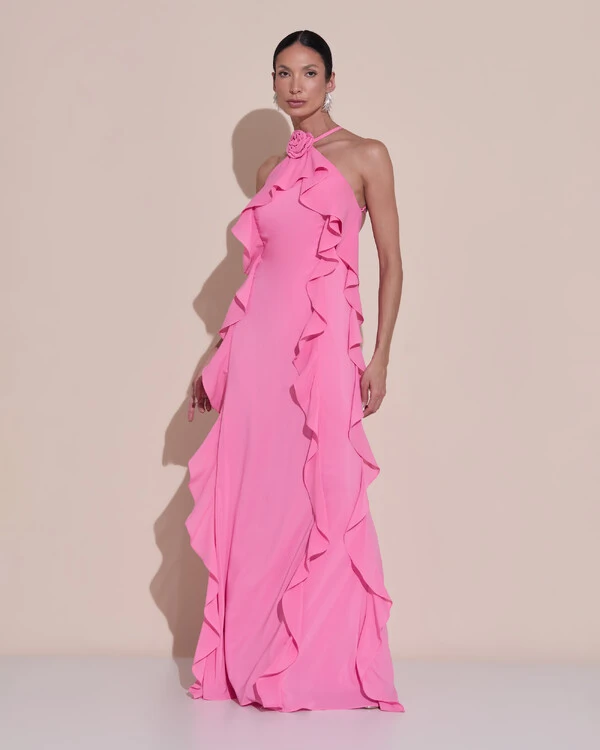 Vestido de Festa Longo Crepe Chiffon Frente Única Babados Cascata e Flor Rosa