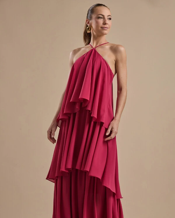 Vestido Longo Babado em Camadas Cereja