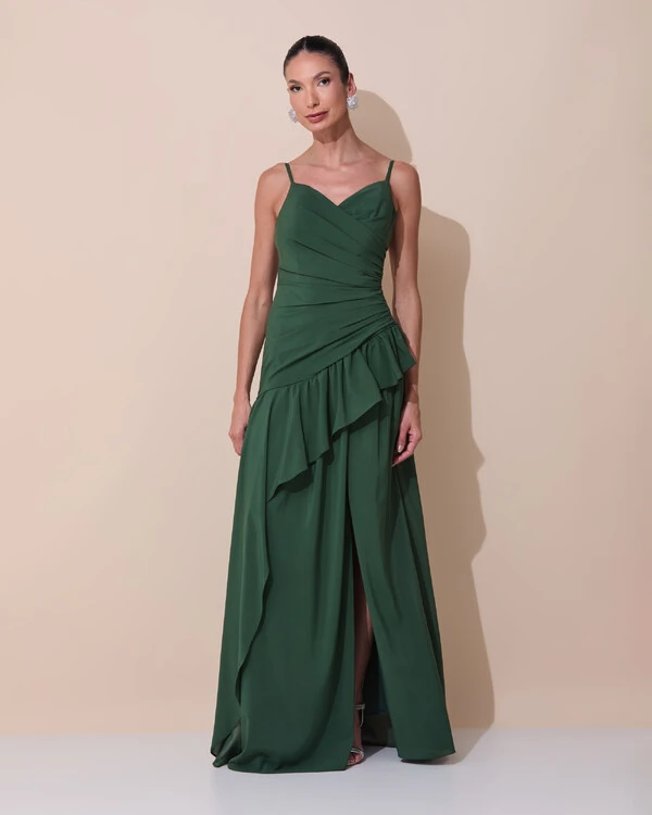 Vestido de Festa Longo Decote Drapeado Crepe Chiffon Fenda Babado Camadas Verde Escuro New