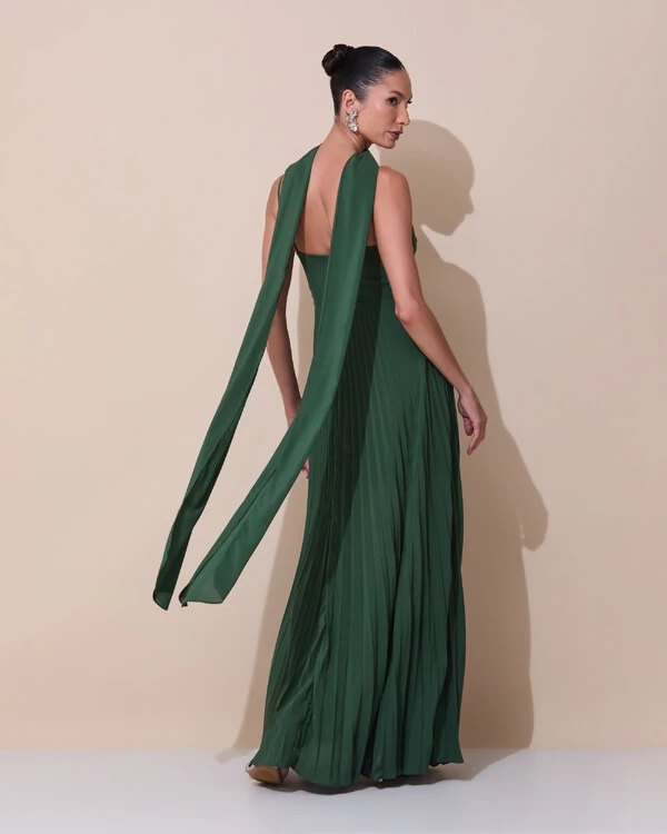 Vestido de Festa Longo Plissado Crepe Chiffon com Alça e Lenço Verde Escuro New