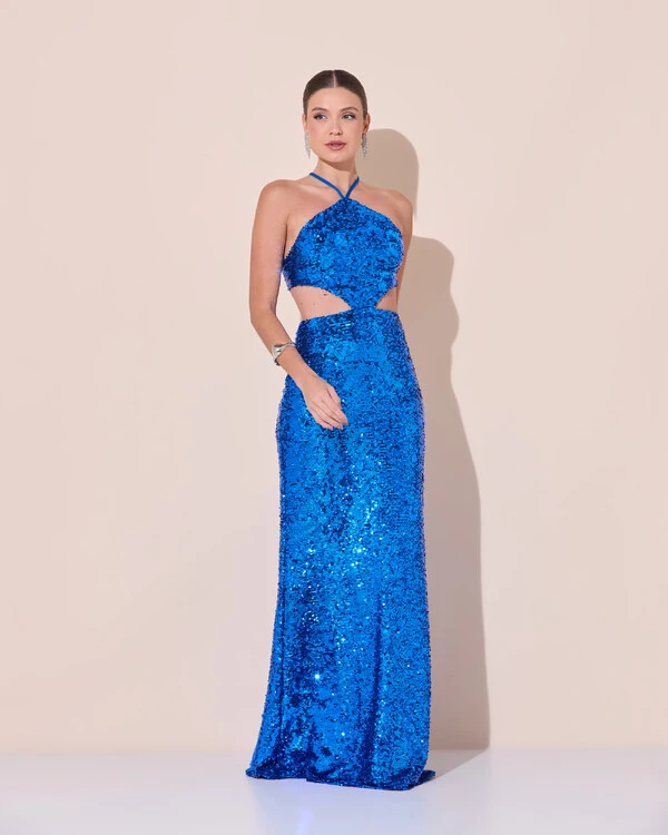 Vestido de Festa Longo Frente Única Paetê Recortes Costas Trançada Azul Royal