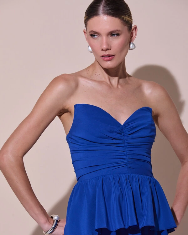 Vestido de Festa Longo Crepe Chiffon Tomara que Caia Peplum Drapeado Azul Royal